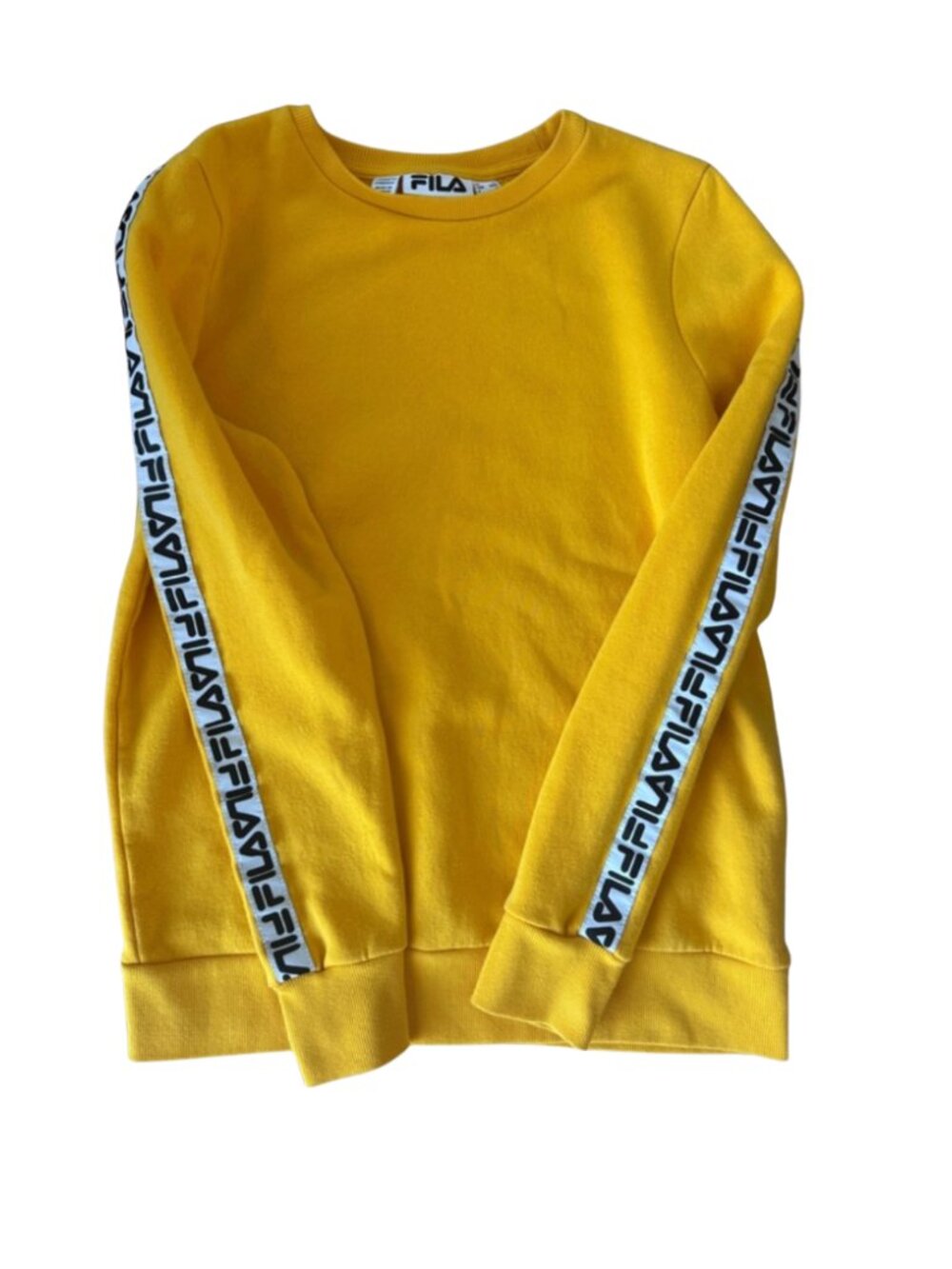 90s FILA Bright Yellow Crewneck Sweater with Logo Sleeve Tape Womens Size M Y2K